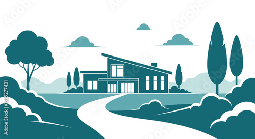 Modern House with Trees and Pathway.