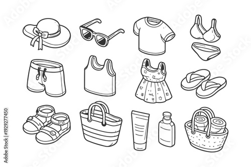 Summer beach essentials: clothing, accessories, and footwear illustrations.