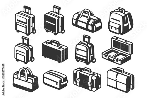 Variety of travel bags and luggage icons in black and white.