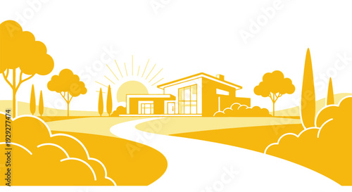 Modern House with Yard and Trees Illustration.