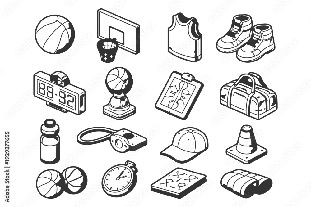 Fototapeta premium Isometric sports equipment icons: basketball, backpack, stopwatch, cleats, jersey.