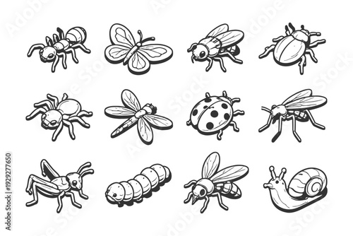 Monochrome insect illustrations featuring ants, butterflies, bees, bugs, and more.