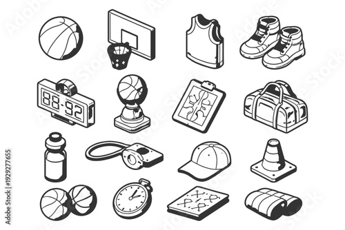 Isometric sports equipment icons: basketball, backpack, stopwatch, cleats, jersey.
