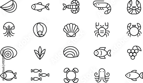 Black and white sea creature sea creatures ocean animals sea creatures, ocean animals, seafood, fish, shrimp, crab, jellyfish, squid, shell, seaweed, grapes, black and white, line, black, white, creat