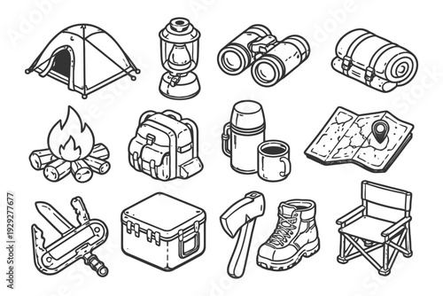 Camping gear essentials: tent, lantern, binoculars, map, backpack, thermos, fire, knife, cooler, axe, boot, chair.