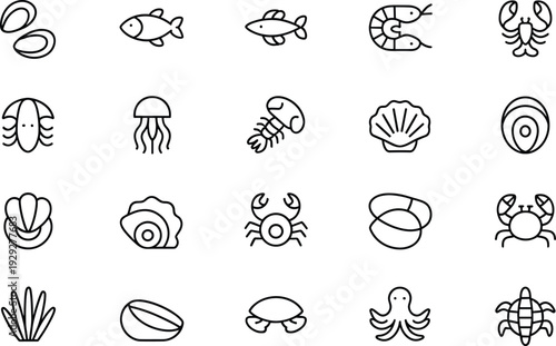 Black and white sea creatures and shells fish shrimp sea creatures, shells, fish, shrimp, lobster, crab, jellyfish, octopus, turtle, oysters, clams, scallop, mussels, seaweed, ocean, marine life, seaf
