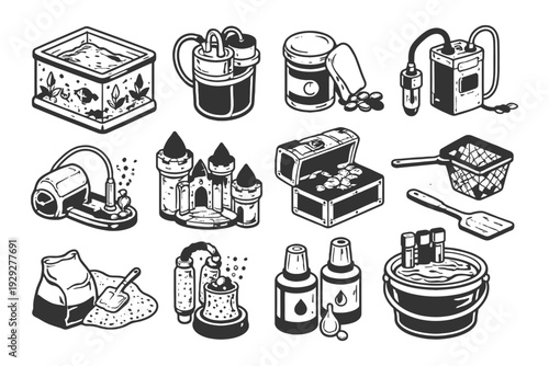 Aquarium accessories collection with filters, pumps, and decorations.