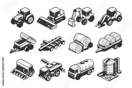 Isometric illustrations of farm machinery and equipment tools set.