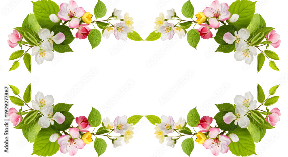 Obraz premium Beautiful floral border frame made of apple blossoms, featuring delicate white and pink flowers, green leaves, and dew drops against a white background.