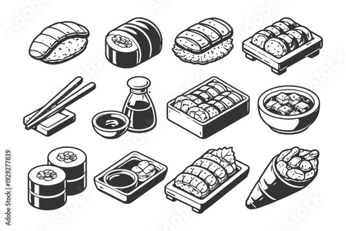 Vector illustrations of classic japanese sushi dishes and accessories.