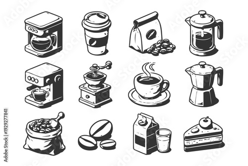 Coffee and pastry icons: machines, beans, french press, mug, cake.