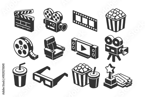 Entertainment icons set featuring film reel, popcorn, camera, and 3d glasses.