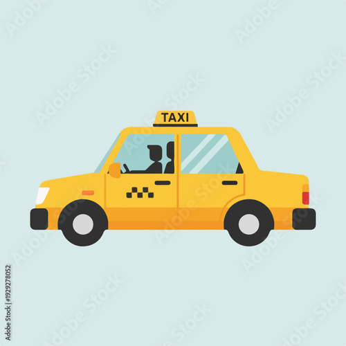 A yellow taxi cab with passengers and driver. Flat illustration