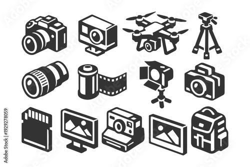 Photography equipment icons: camera, drone, tripod, lens, film, flash, backpack.