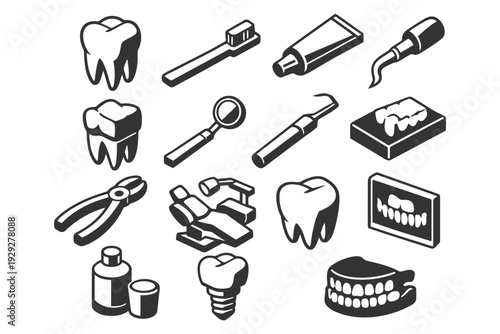 Dental care icons: tools, teeth, toothbrush, dental chair, toothpaste, x-ray, floss.