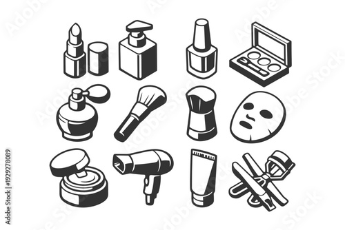 Monochrome makeup set with skincare and hair tools collection.