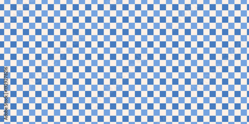 Classic seamless checkered pattern in modern retro style. Blue and white minimalist geometric background, vector illustration for trendy textile print, picnic blanket, aesthetic stationery design