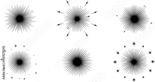 Collection of six abstract starburst and sunburst graphic elements on white background