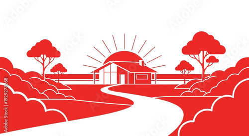 Red Barn House Graphic Illustration Design.