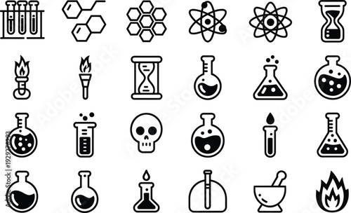 Black and white chemistry laboratory science test tubes chemistry, laboratory, black and white, science, test tubes, beakers, flasks, hourglass, skull, mortar and pestle, fire, atoms, molecules, hexag