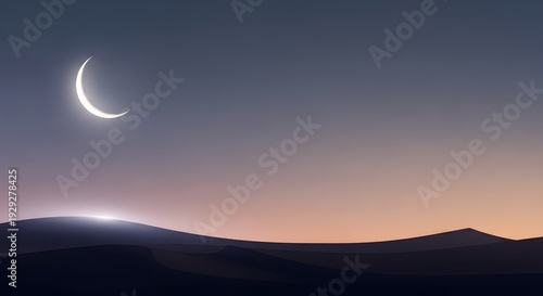 Islamic Crescent Moon Over Desert Landscape at Sunset Ramadan Background