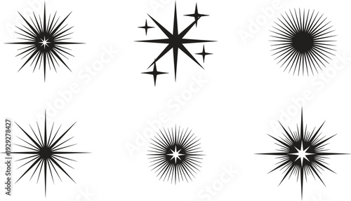 Collection of six different starburst and sparkle graphic elements on a white background