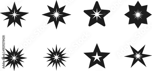Collection of eight stylized starburst and star icons in black and white
