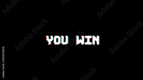 Classic arcade inspired “You Win” typography in pixel art style featuring neon glow and digital glitch distortion on a solid black background, ideal for gaming victory screens, and esports content