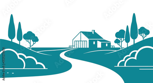Serene House Illustration with Trees and Pathway.