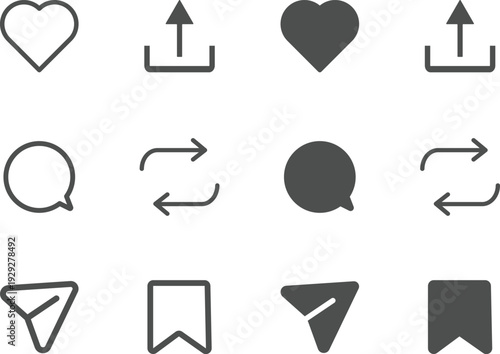 Notification icons set symbols of like, comment, search, repost, reply, share and save. Social  media post reactions collection set. social network post reactions collection set. vector illustration
