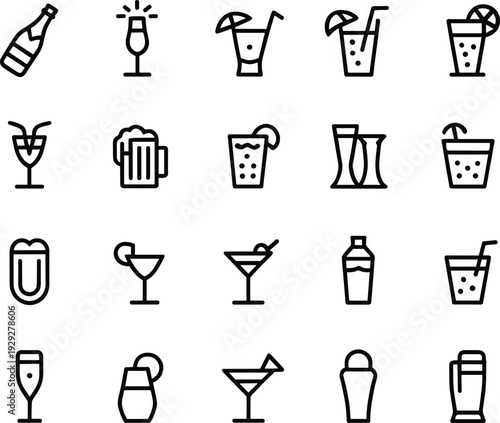 Black and white of various alcoholic and soft drinks drink cocktail beverage alcohol wine glass, beer mug, cocktail glass, soda bottle, black and white, line drink symbols, beverage symbols, restauran