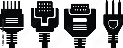 Black and white of four computer cable connectors electronics plugs