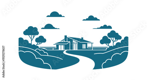 Simple House Illustration with Trees and Clouds.