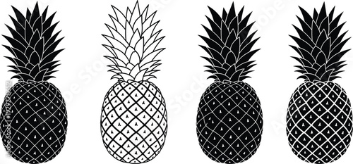 Black and white of four pineapples fruit tropical symbols