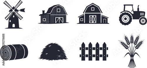 Collection of farm icons including windmill, barn, tractor, hay bale, and wheat
