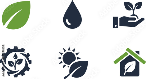 Collection of eco-friendly icons representing nature, sustainability, and growth