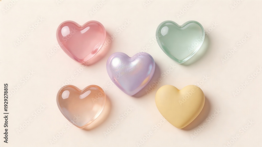 Obraz premium Assortment of five pastel heart-shaped objects arranged on a soft cream background