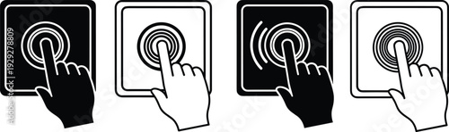 Black and white of hands interacting with touchscreens finger user interface