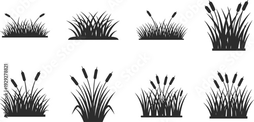Collection of black silhouette icons representing various types of marsh grasses and reeds