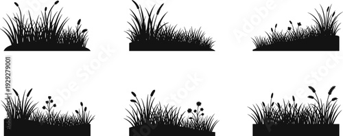 Collection of six black silhouettes of grass clumps and wildflowers on a white background