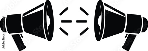 Black and white of two megaphones facing each other with sound waves communication loudspeakers