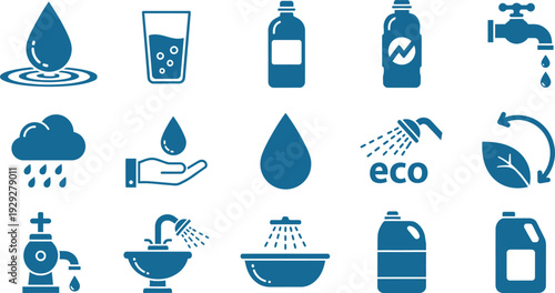 Collection of eco friendly water conservation icons and symbols