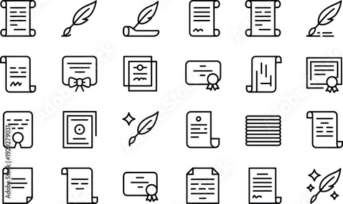 Black and white of certificates and quills documents certificate, quill, black and white, documents, scrolls, seals, ribbons, awards, writing, symbols, signs, paperwork, diplomas, badges, feathers, in