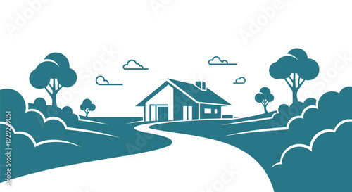 Simple House Illustration with Trees and Road.