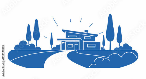 Blue House Building Architecture Illustration.