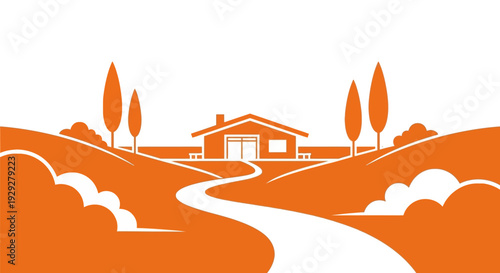 Simple Orange House Illustration with Trees.