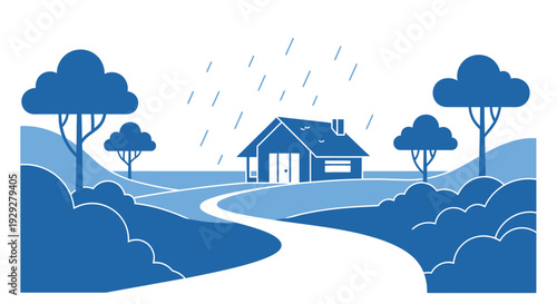 Blue House Illustration with Trees and Road.