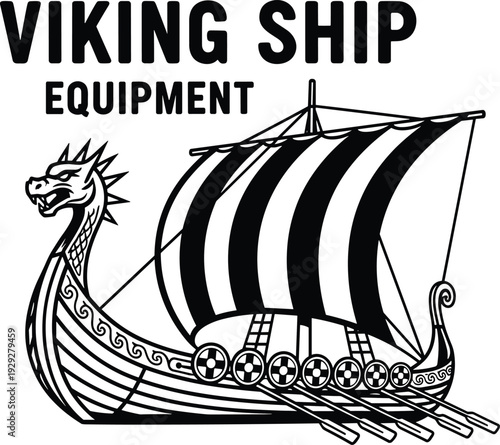 Black and white of viking ship with dragon head and striped sail boat