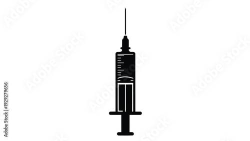 Simple black and white silhouette icon representing a medical syringe with a sharp needle ready for injection or drawing fluid