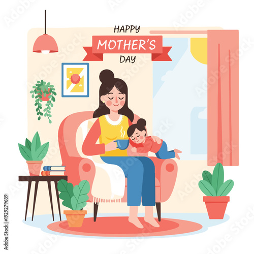 An illustration of a mother and child sharing a cozy moment in a living room